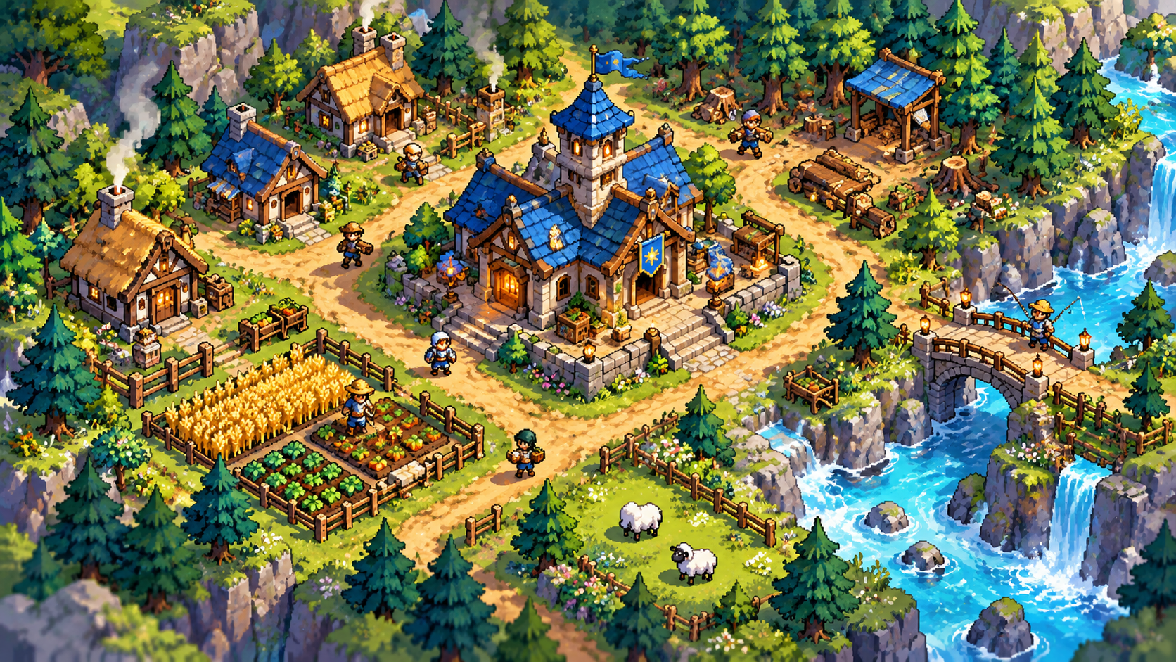 A fantasy settlement surrounded by farms, roads, and forests